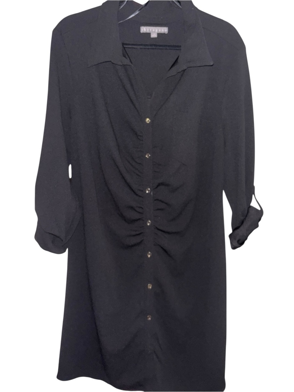 Women’s Black Ruched Front Button-Down LS Dress, P2P:21-23”, L:37”, NWT